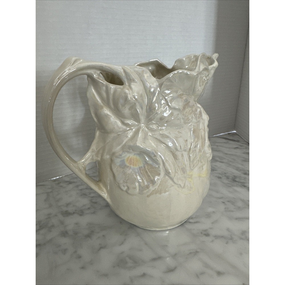 Vintage Iridescent Pearlized Ceramic Floral Relief Pitcher Cream Lusterware Jug